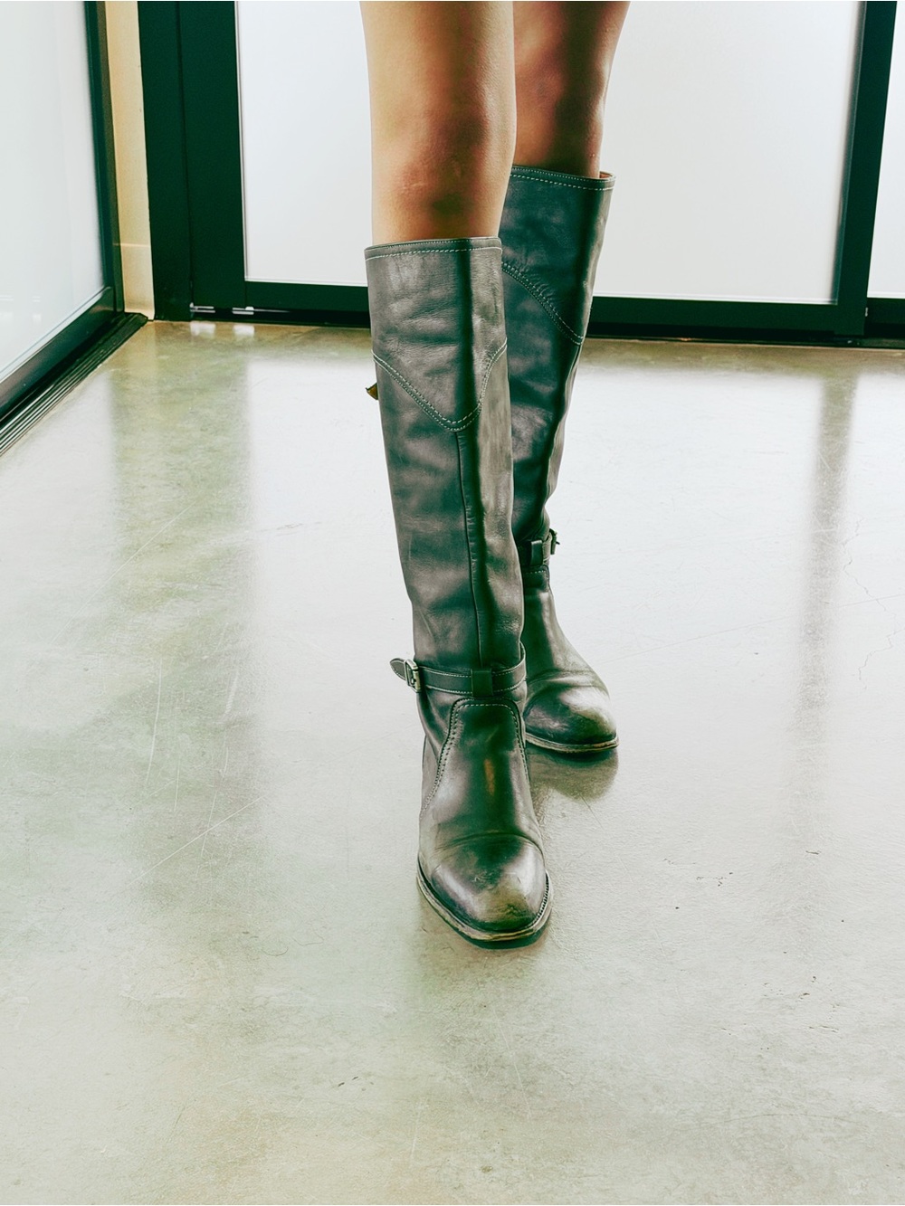 Frye Dark Gray Leather Heeled Harness Boots